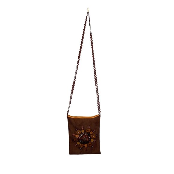 Handcrafted Brown Suede Shoulder Bag With Button Embellishments & Rickrack Strap - Picture 1 of 13